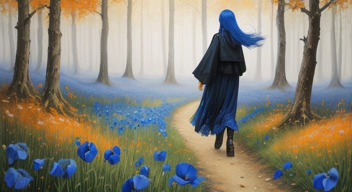 Ghost Girl in Enchanted Forest: Neo-Impressionist Charcoal D...