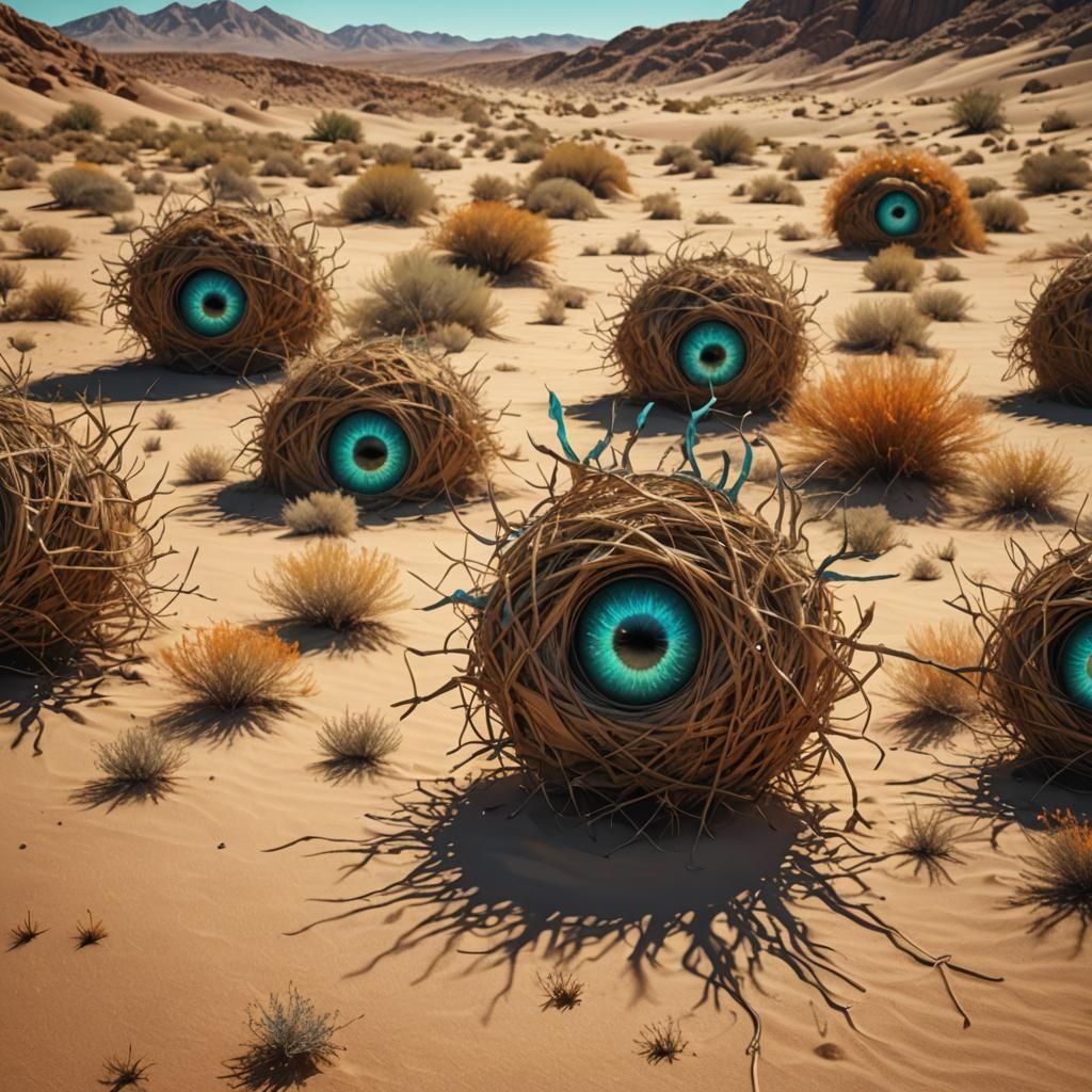 Tumbleweeds with Eyes in Desert Landscape