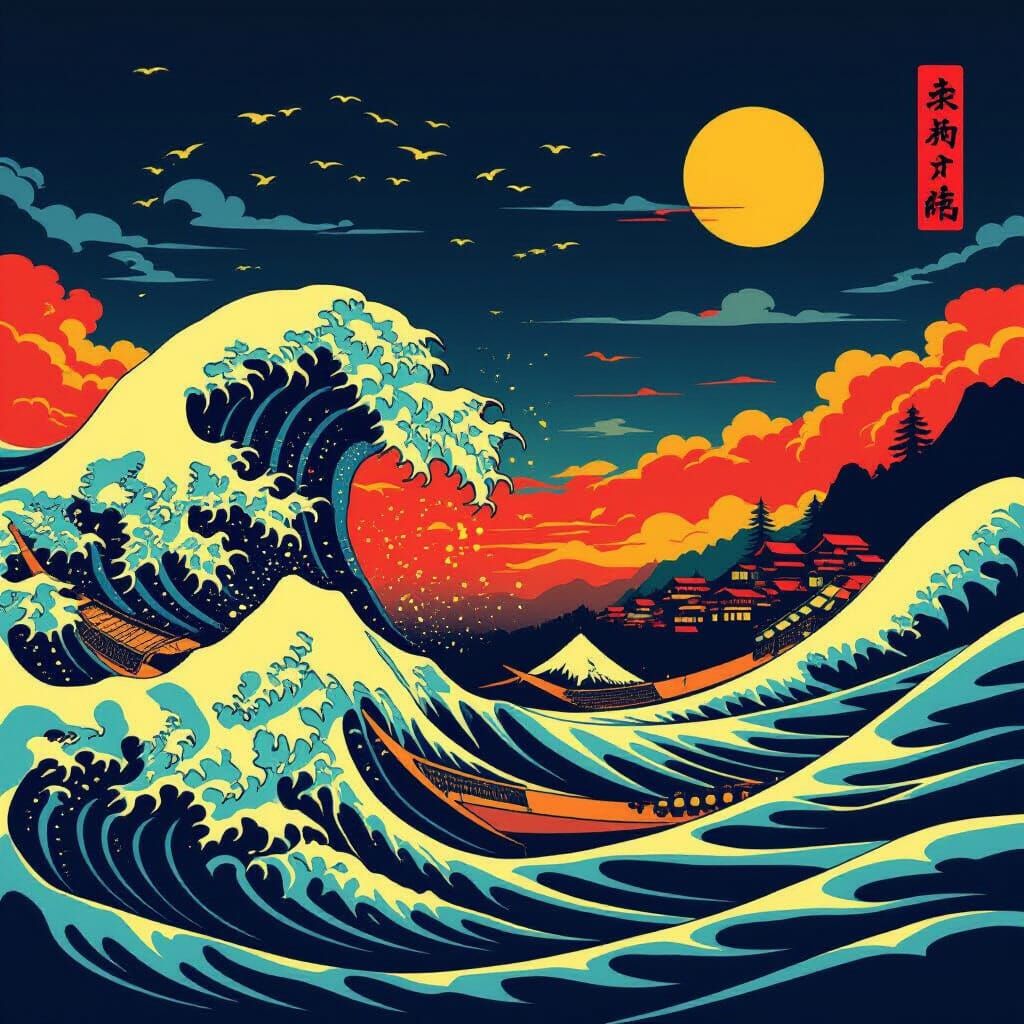 Turbulent Sea in Ukiyo-e Style
