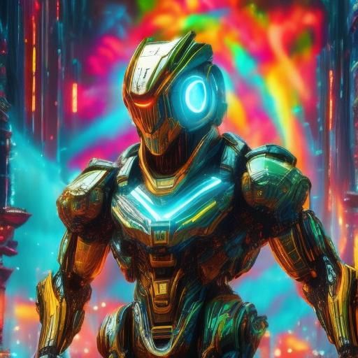 Cyborg on Colorful Planet in Sci-Fi Style