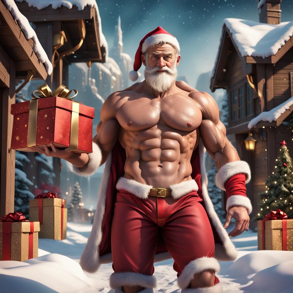 Muscular Santa Claus with Gifts, Detailed Digital Painting