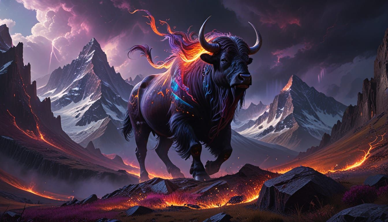 Dark Fantasy Yak Ishka with Ethereal Crown in Alcohol Ink St...