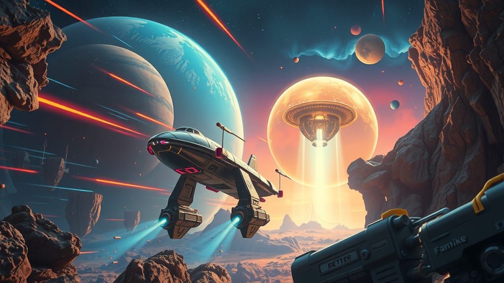 Metallic Starship Initiates Warp Jump in Deep Space