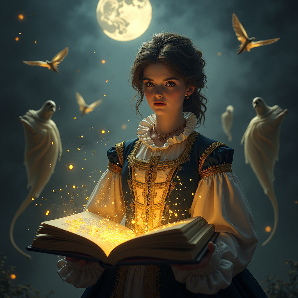 Regal Figure Reading Shakespeare Under Moonlight