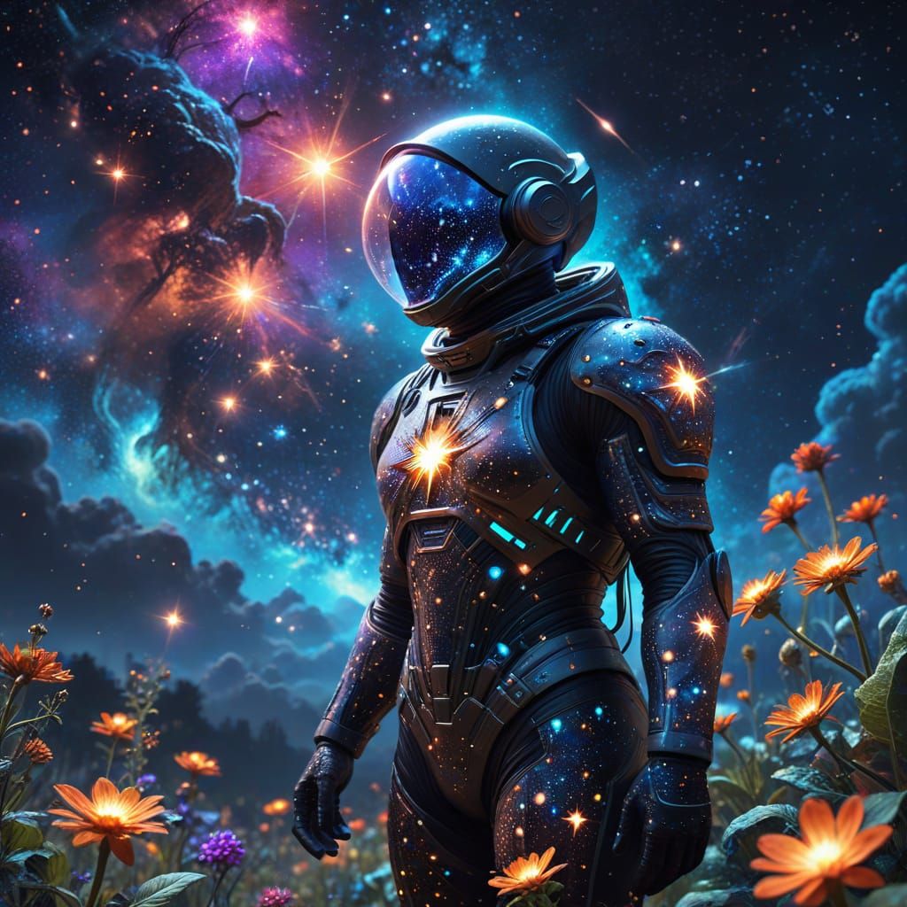 Cosmic Gardener Tending to Stars: Surreal Oil Painting
