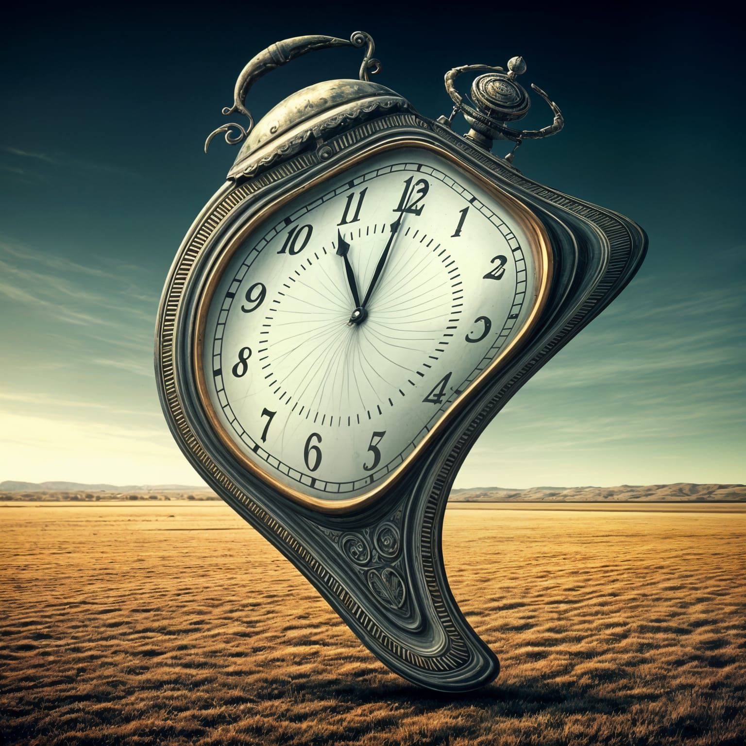 Surreal Warped Clock in Empty Field