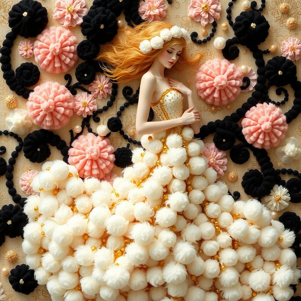 Pom-Pom Art Nouveau Woman in Klimt-Mucha Style