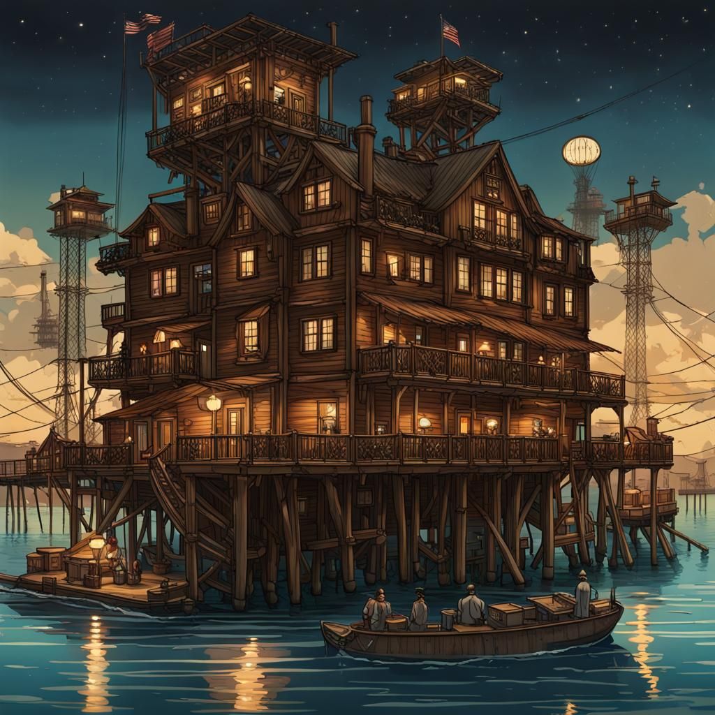Steampunk Hotel on Pontoon Raft Under Airships