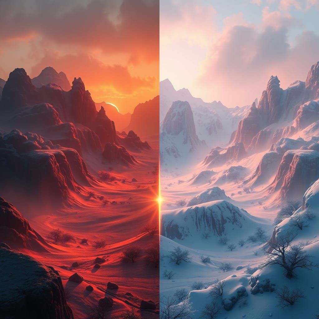 Fire and Ice Elementals Facing Off in Contrasting Biomes