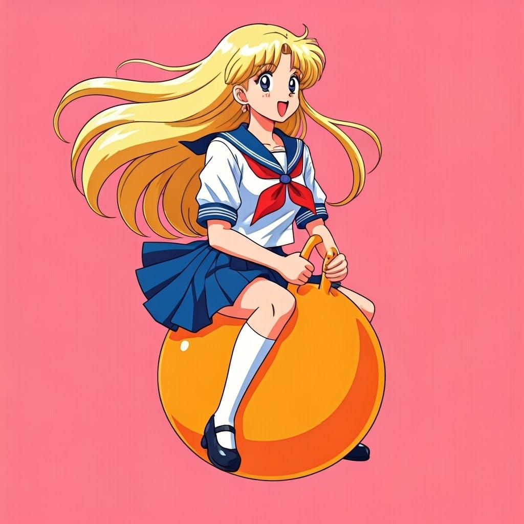 Vibrant Schoolgirl in 90s Anime Style Bounces on Orange Hopp...