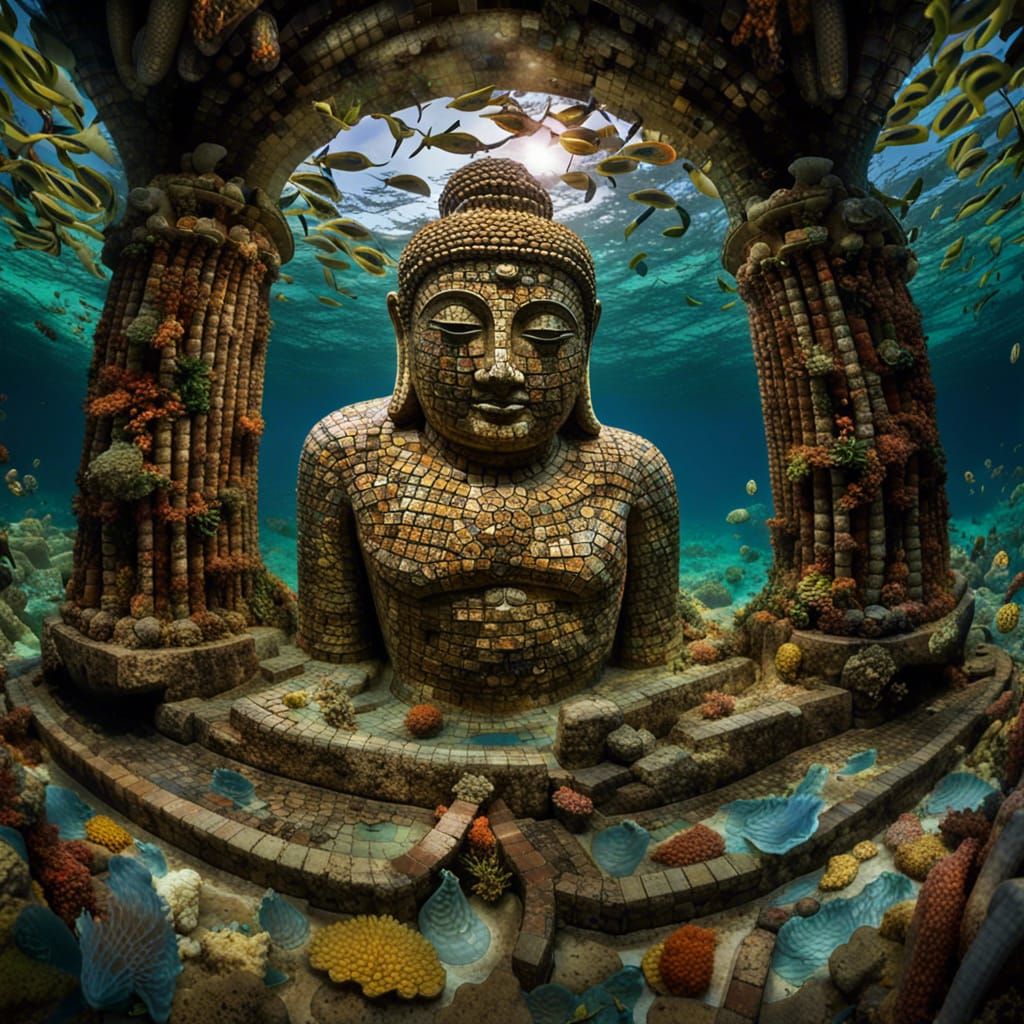 Sunken Mosaic Buddha Statue in Underwater City
