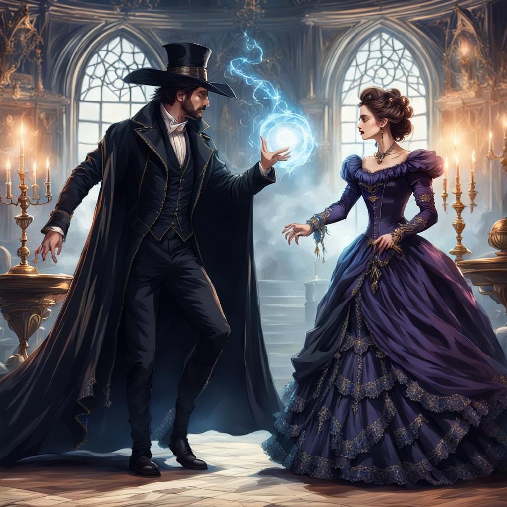 Victorian Witch and Warlock Duel with Magic