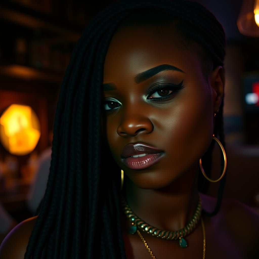 African Woman in Dimly Lit Bar with Dreadlocks