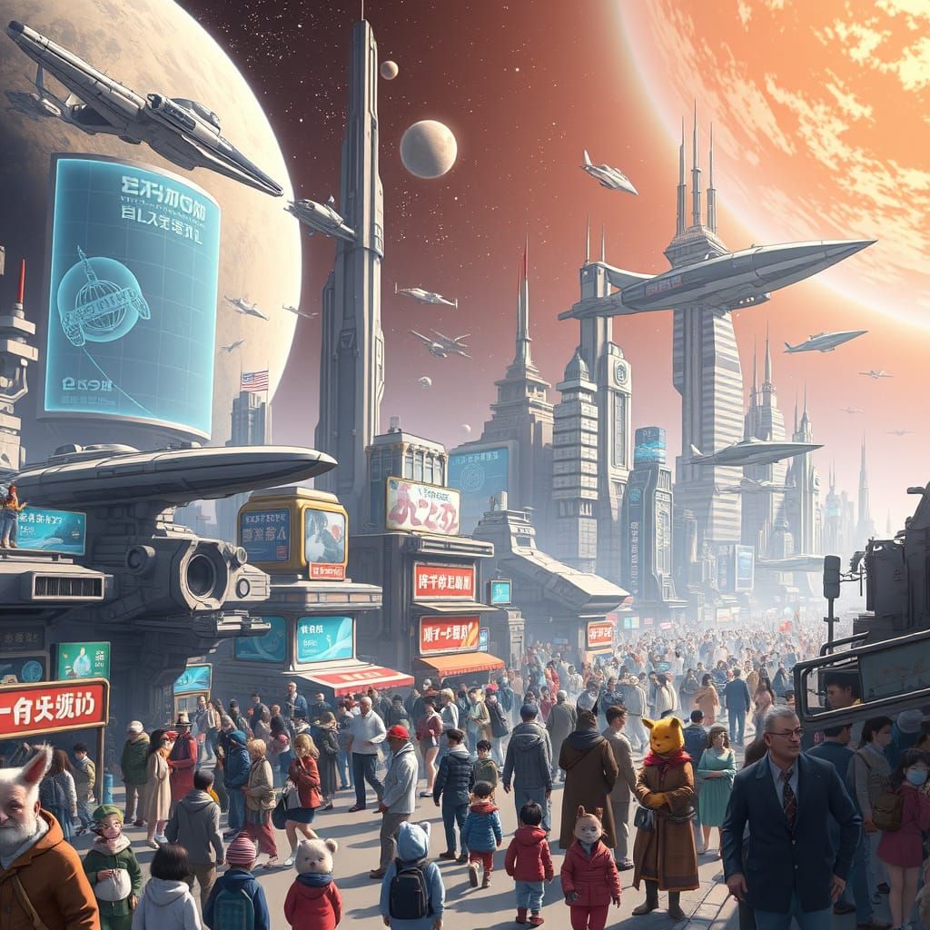 Bustling Alien Spaceport in Studio Ghibli Style