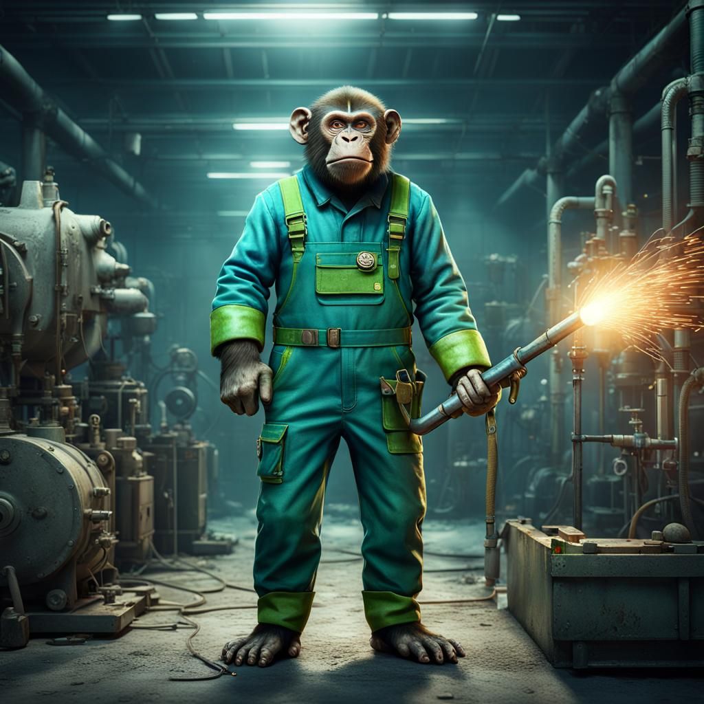 Steampunk Monkey Mechanic with Electric Wrench