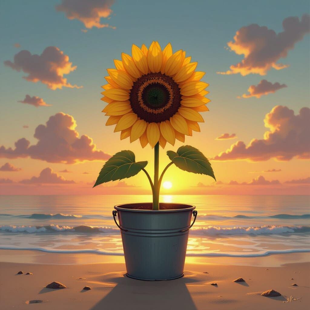 Sunflower on Sunset Beach: Whimsical Pop Surrealism