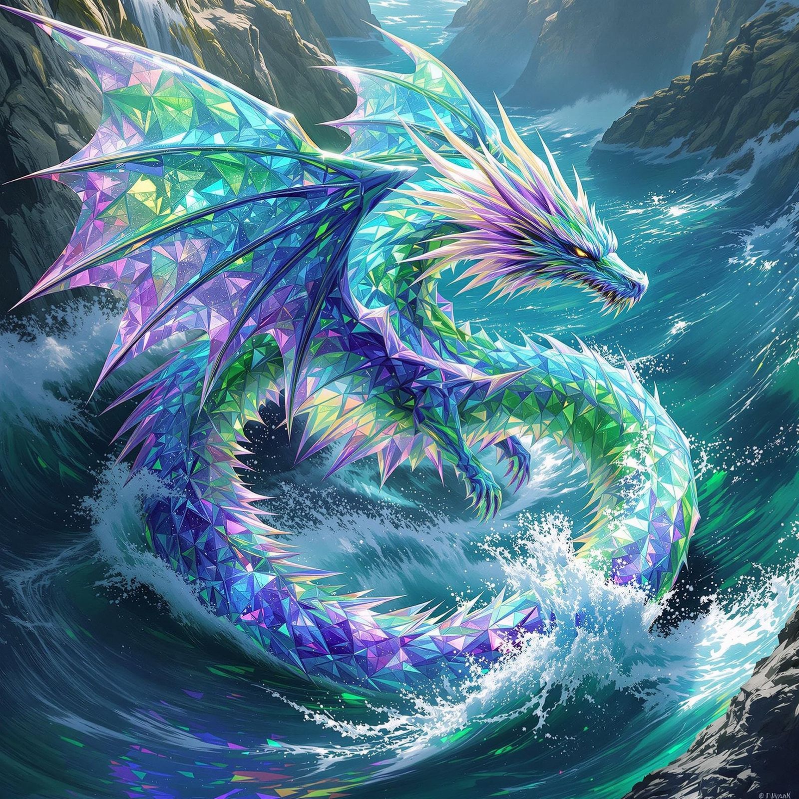 Iridescent Glass Dragon Soaring Above Turquoise Sea