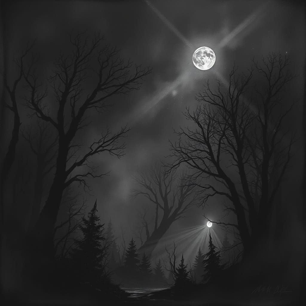 Misty Night Scene in Charcoal Art Style