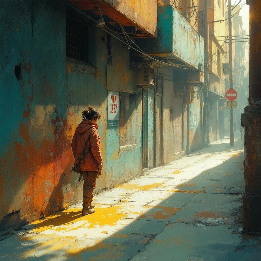 Woman in Sunlit Street: Digital Brushwork and Weathered Text...