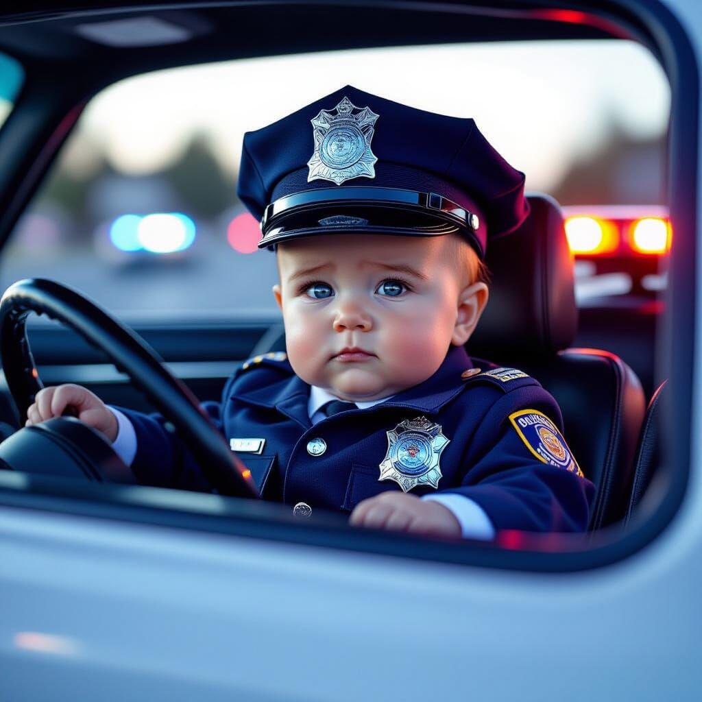 Baby Police Officer in Patrol Car, Dramatic Lighting
