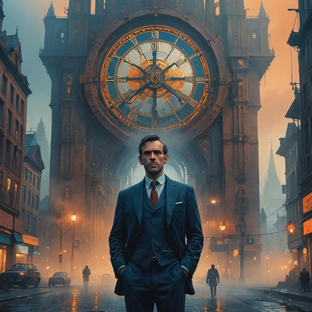 Misty Cityscape: Man in Suit with Clockwork Cathedral