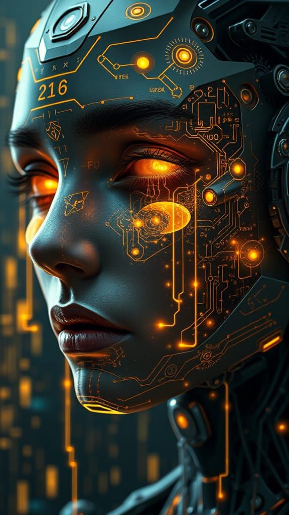 Sorrowful Cyborg Portrait with Golden Circuits and Holograms