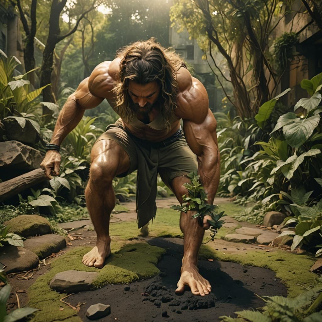 Giant Man Drawing in Forest: Cinematic Film Still