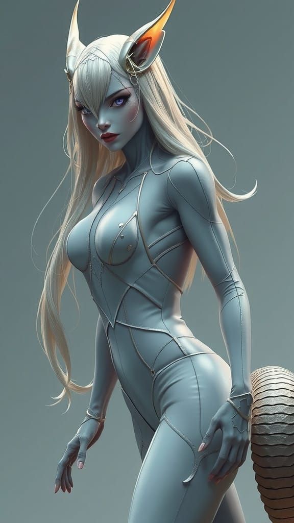 Sleek Futuristic Snake Goddess with Silky Silver Hair