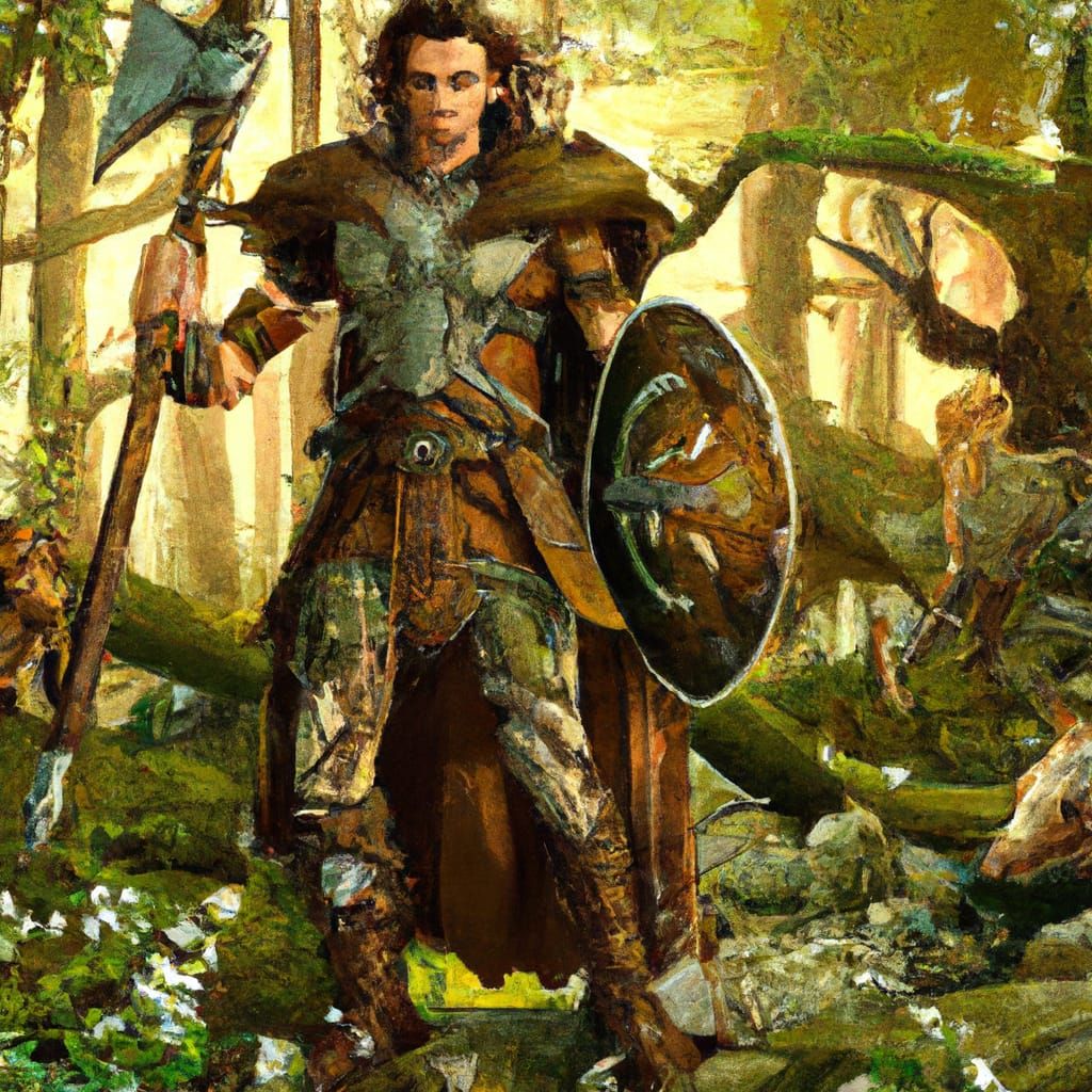 Viking Warrior with Axe in Ornate Forest, Fantasy Art