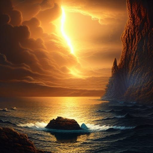 Golden Tree in Sea at Dawn: Digital Matte Painting