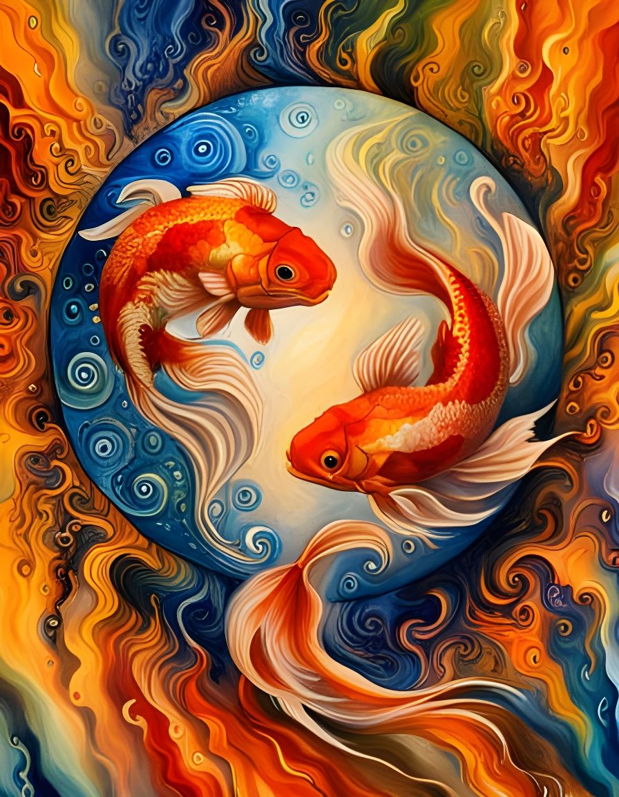 Flaming Koi in Yin Yang, Drip Painting