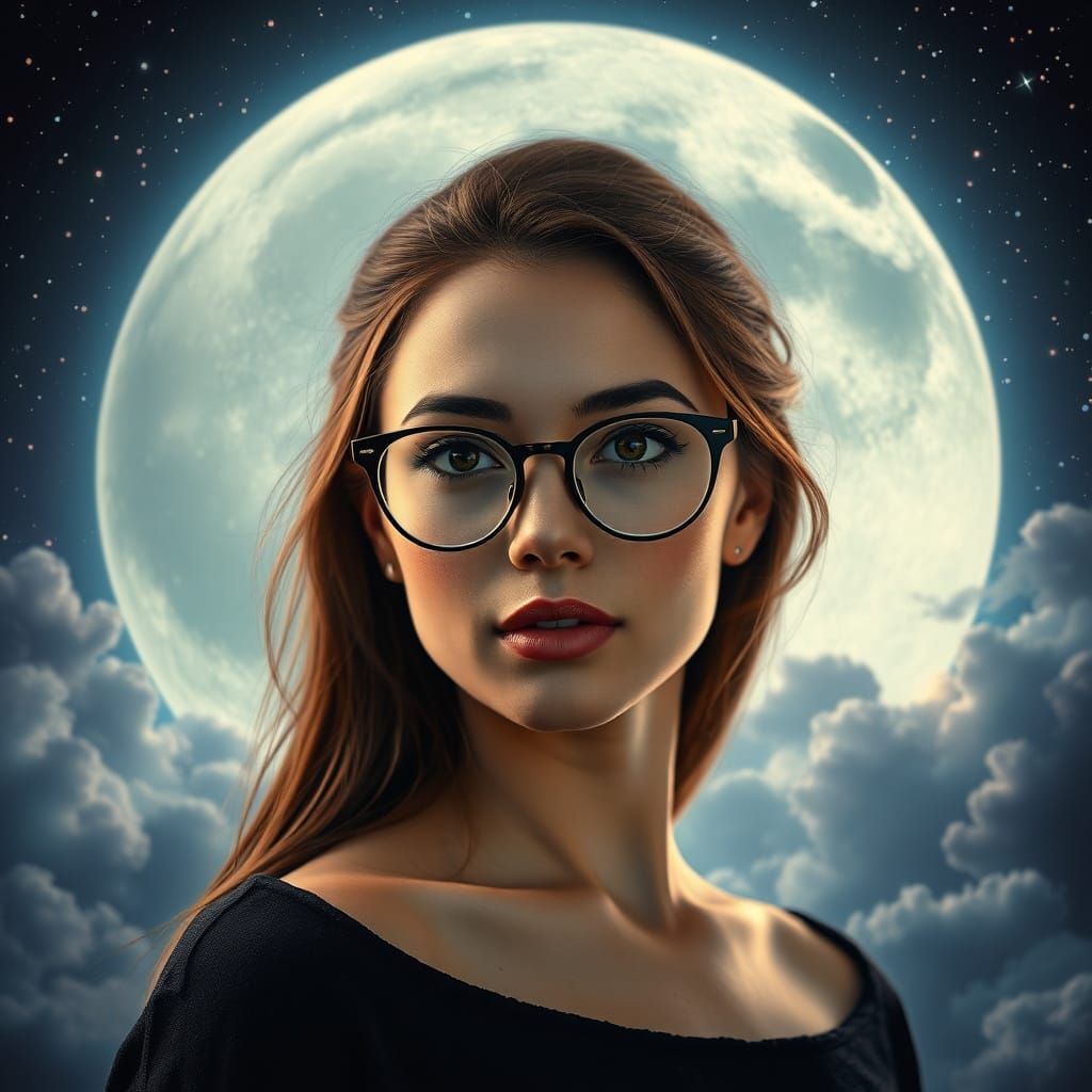 Dreamy Portrait of Woman with Glasses in Surreal Moonlight