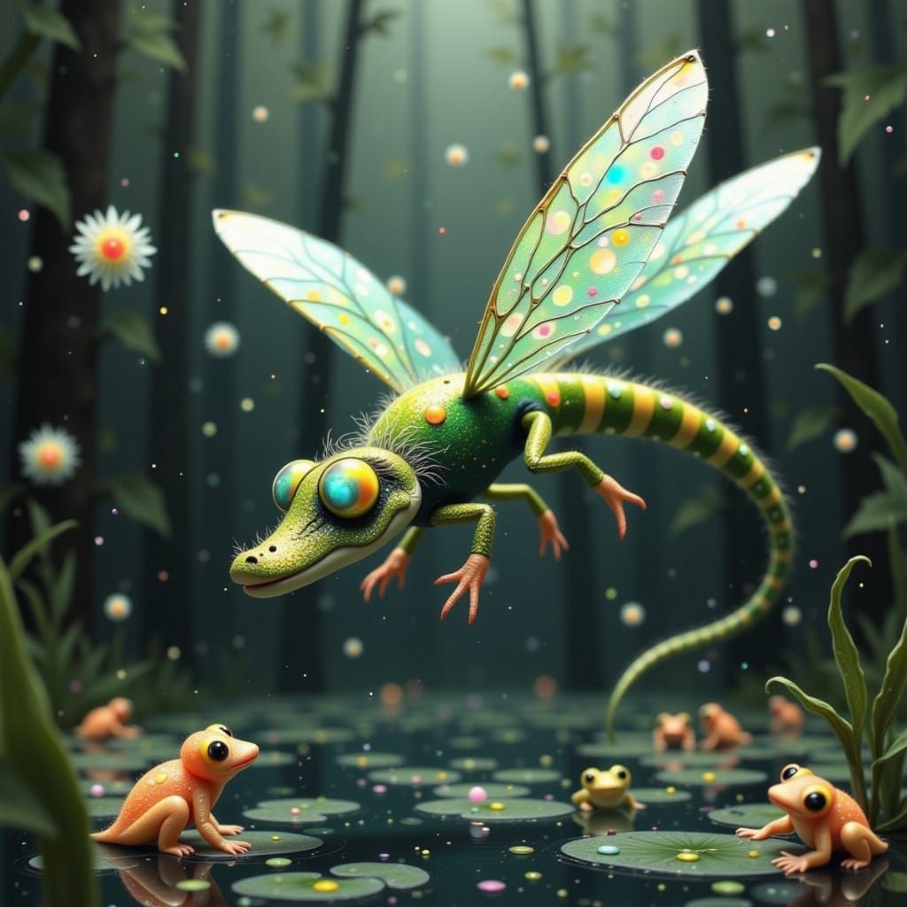 Fluffy Alligator-Dragonfly Hybrid Hunting Frogs