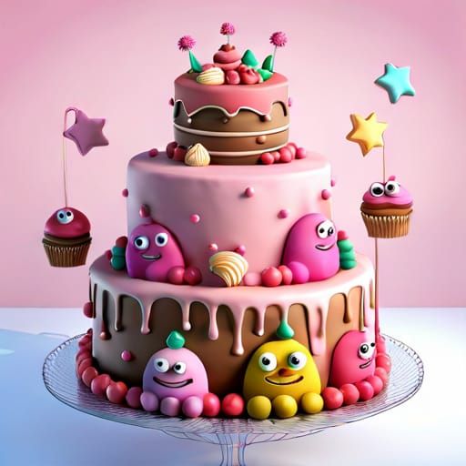 Adorable Blob Creatures Surround Gourmet Cake