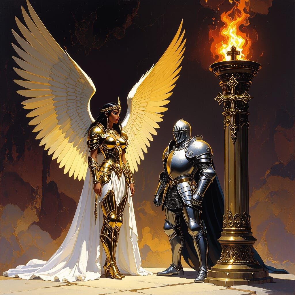 Angel and Knight Beside Fiery Cross Torch