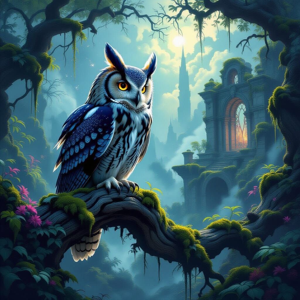 Majestic Owl Over Forgotten Ruins in Ethereal Light