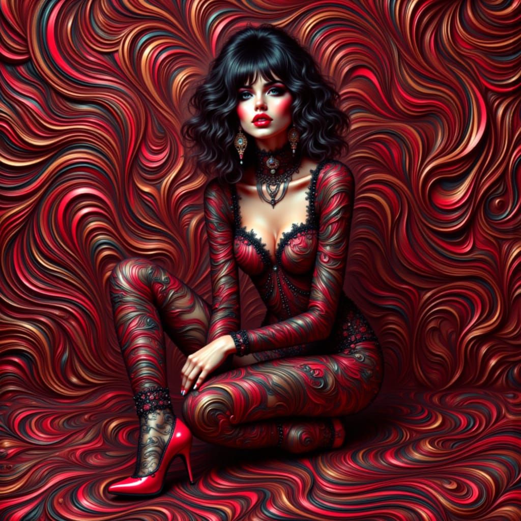 Elegant Woman in Patterned Bodysuit Amidst Red and Black Wav...
