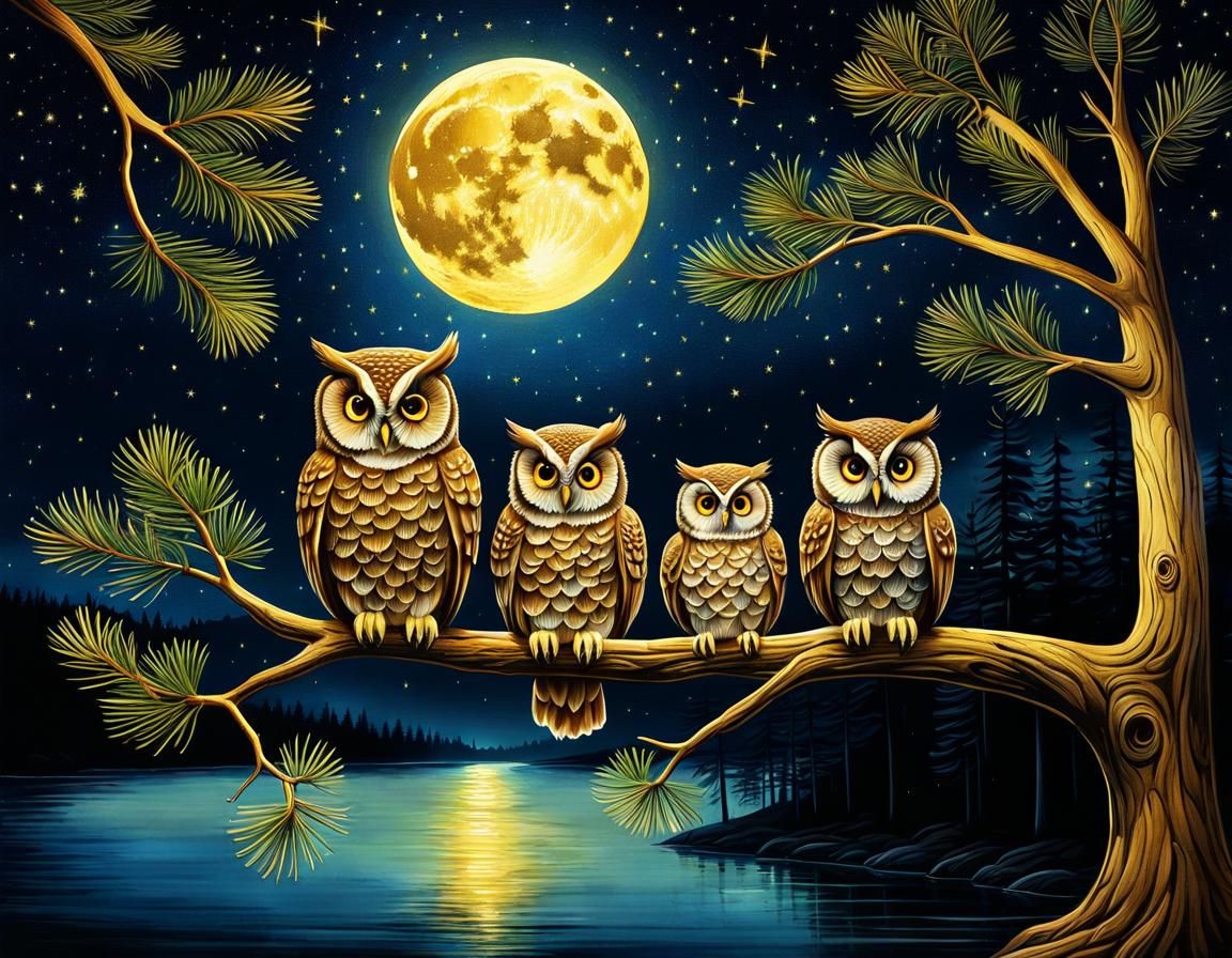 Owl Family in Moonlight: Ethereal Surreal Drawing