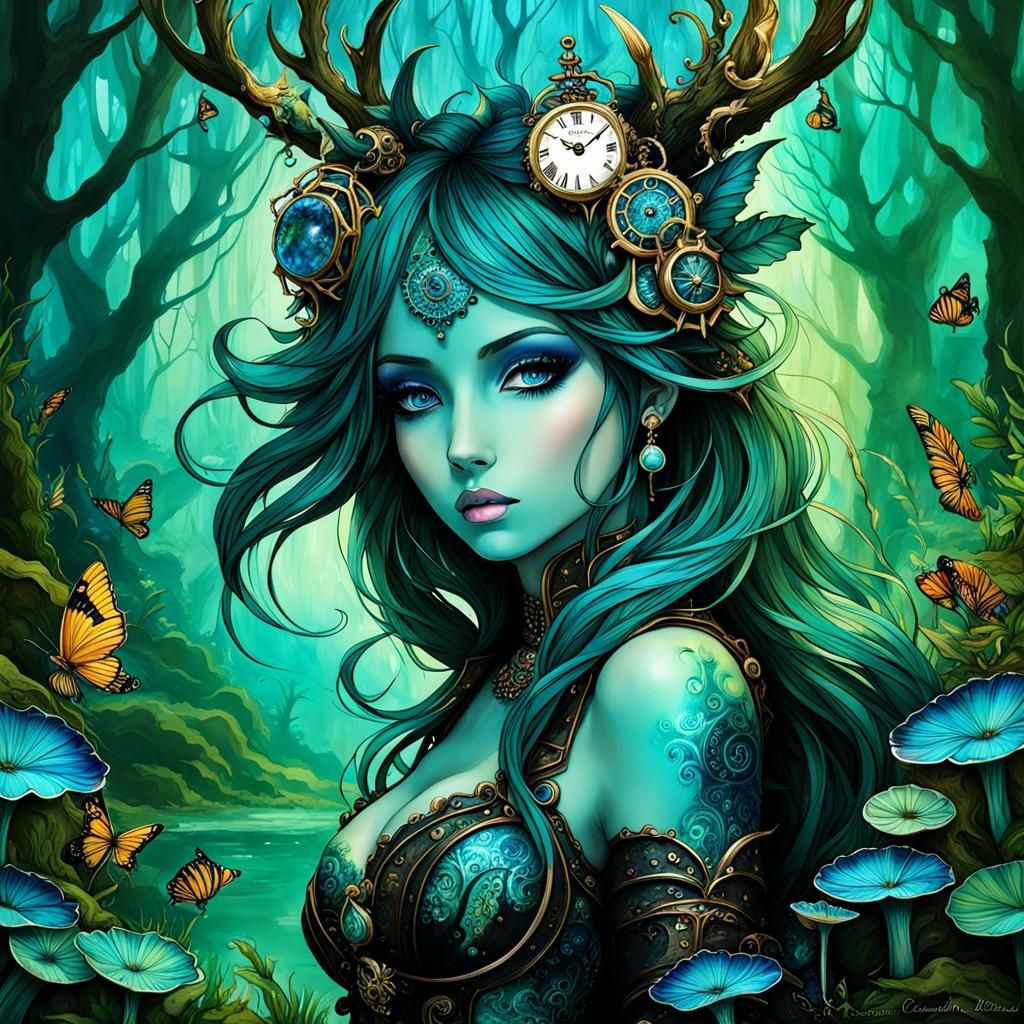 Dreamy Water Creature in Clockpunk Forest