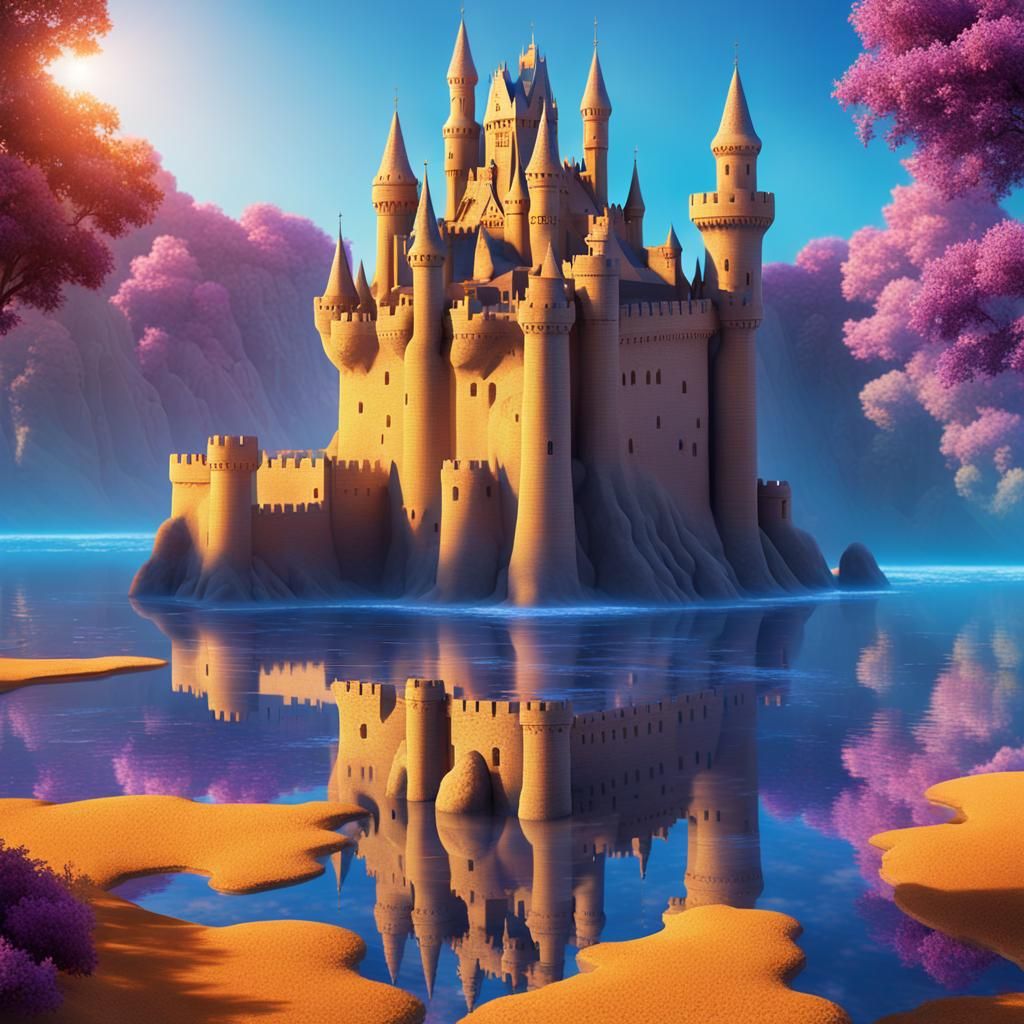 Majestic Sandcastle with Moat in Vibrant Digital Art