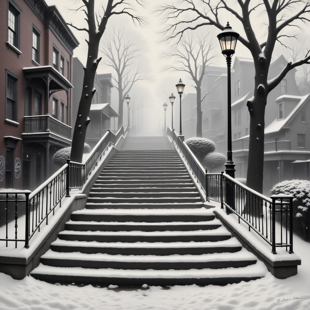 Winter Staircase in Snowy Mist, in Charcoal and Pencil Style