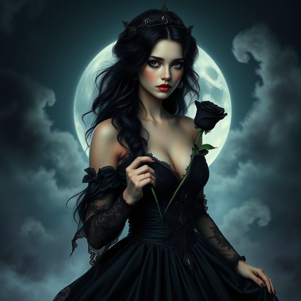 Dark Princess in a Dreamy, Moonlit Landscape