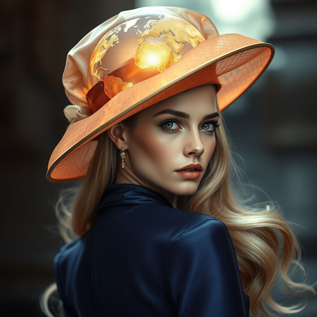 Woman with World Map Hat in Hyper-Realistic Style
