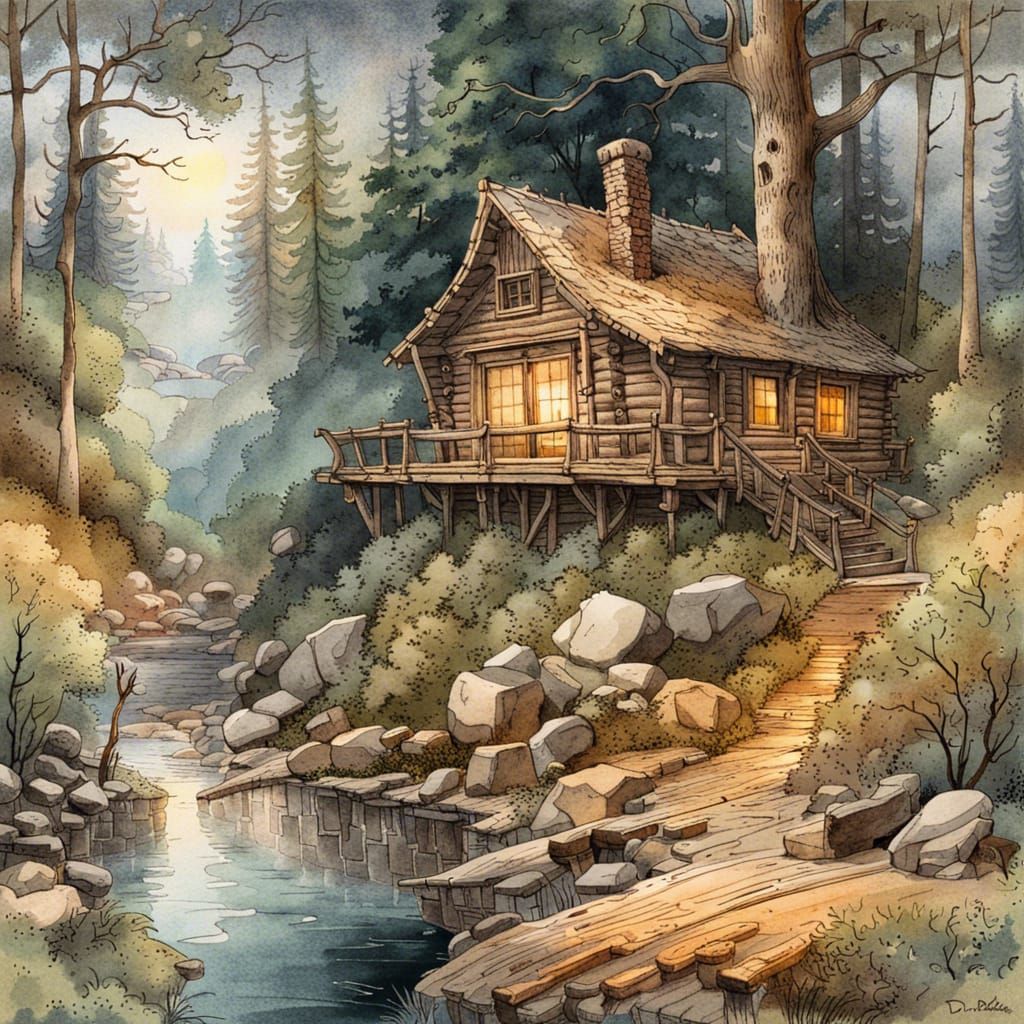 Cozy Log Cabin in Magical Forest: Watercolor Ink Drawing