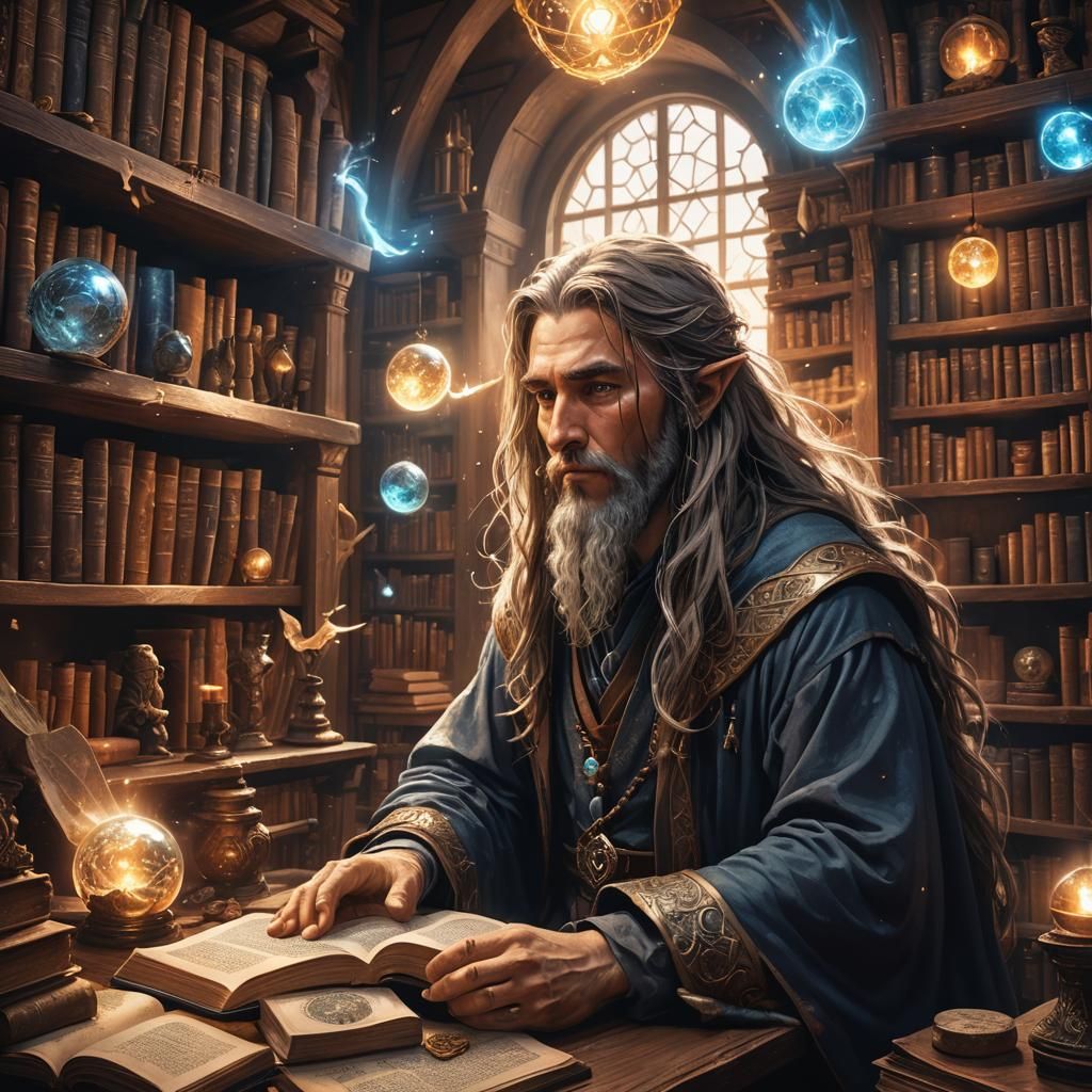 Young Wizard Studying Elemental Magic in Cozy Room