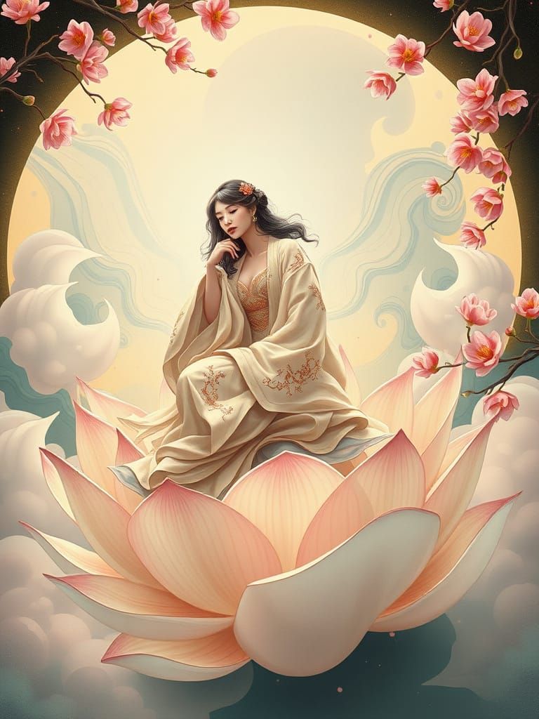 Serene Goddess on Lotus Amidst Cherry Blossoms