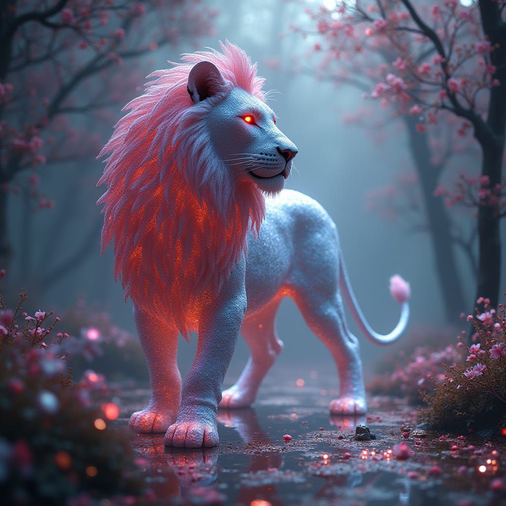 Diamond Lion in Magical Park, Hyper-Realistic Rendering
