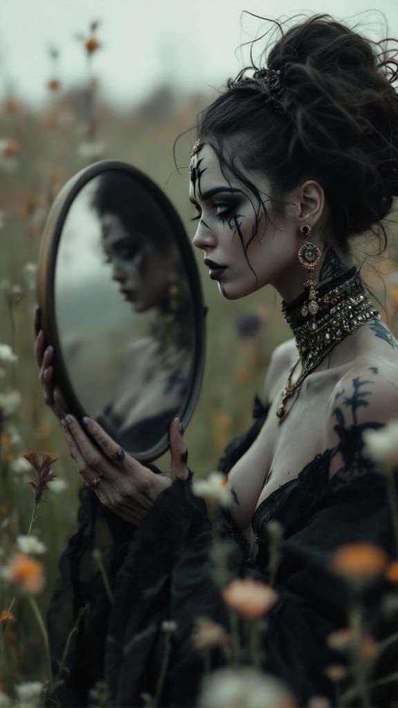 Mysterious Woman Gazing into a Mirror: Ethereal Portrait