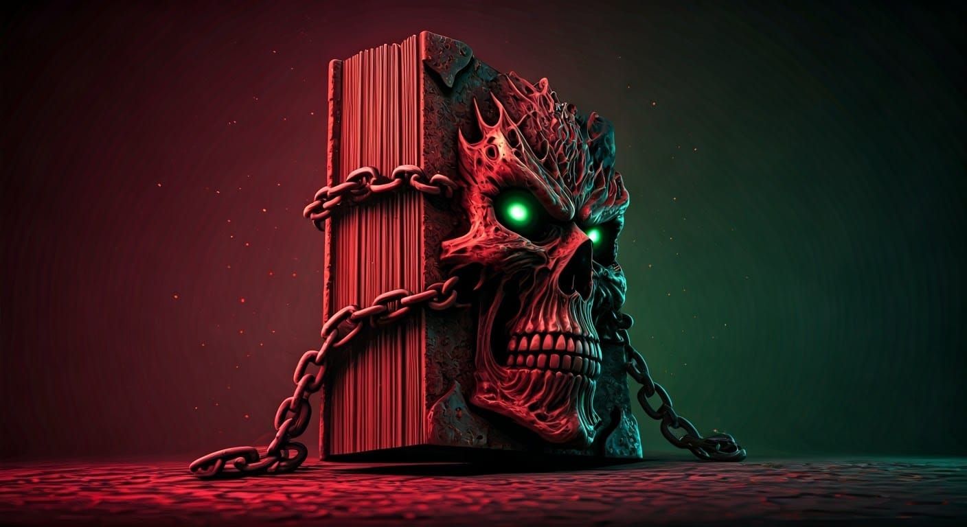 Evil Book Chained to Skull: Horror Fantasy Art