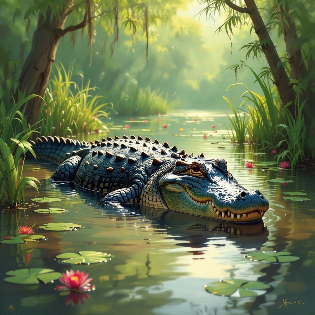Alligator-Hog Hybrid in Pond, Wildlife Art